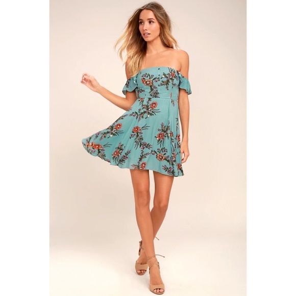 Lulus Dresses & Skirts - Lulus Dress One Sweet Day Off-the-Shoulder Floral Print Light Blue M